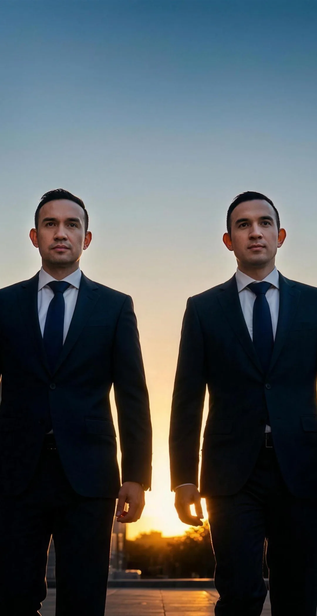 Antonio y Héctor González caminando al atardecer frente a la corte